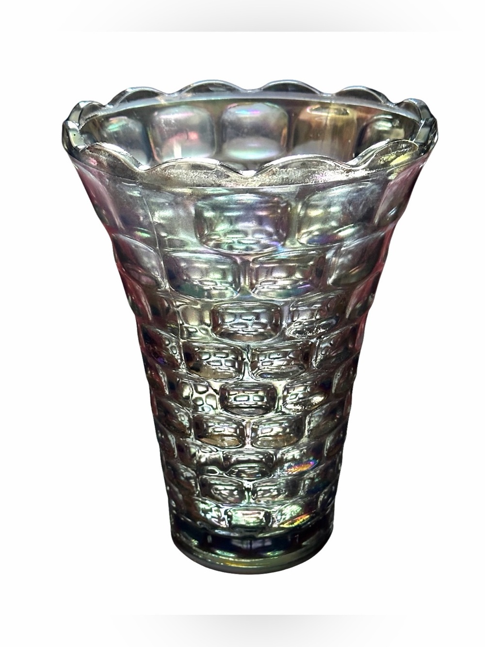 Vtg.Federal Glass Carnival Iridescent Yorktown Colonial Smoke Thumbprint 8” Vase